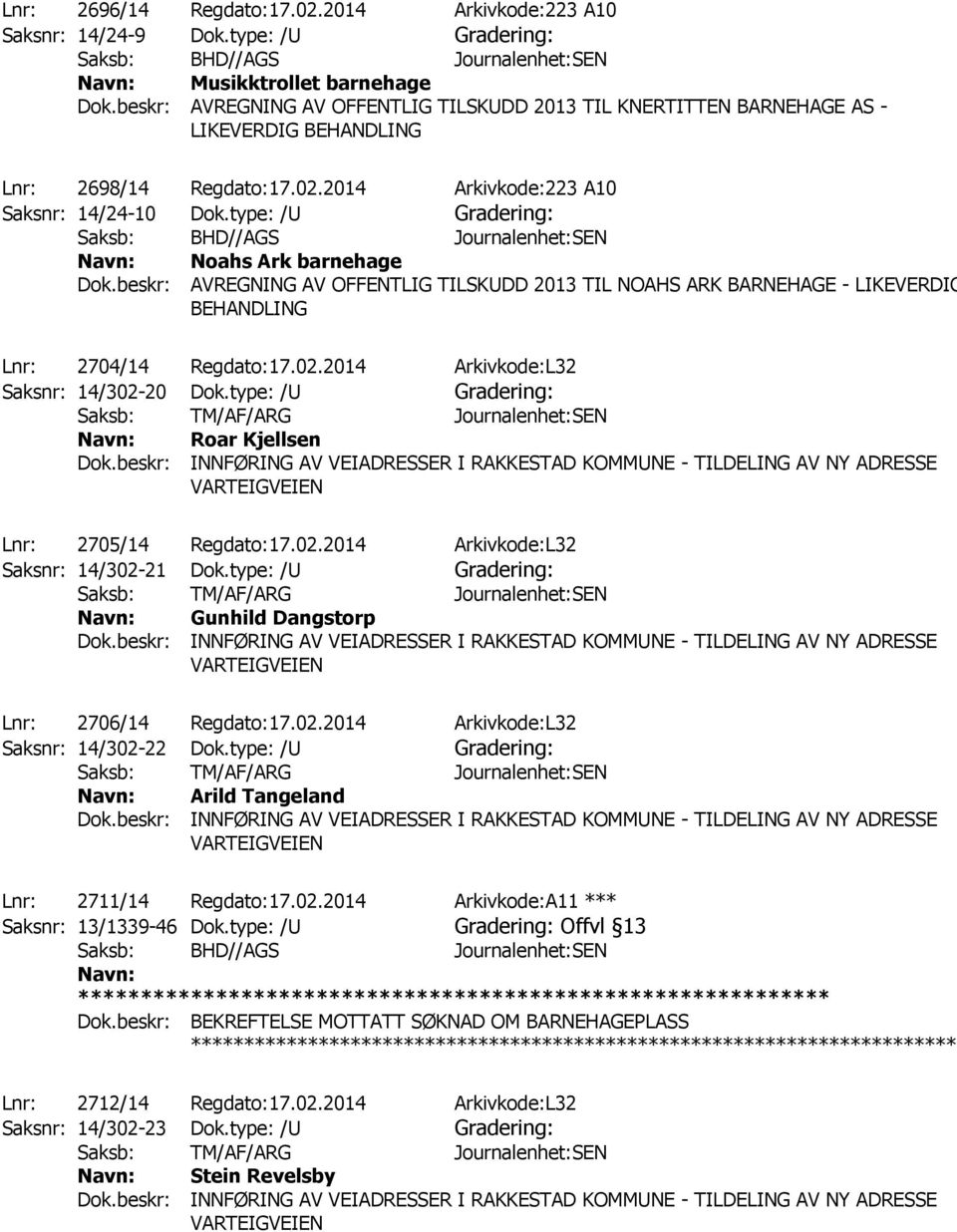 beskr: AVREGNING AV OFFENTLIG TILSKUDD 2013 TIL NOAHS ARK BARNEHAGE - LIKEVERDIG Lnr: 2698/14 Regdato:17.02.2014 Arkivkode:223 A10 Saksnr: 14/24-10 Dok.