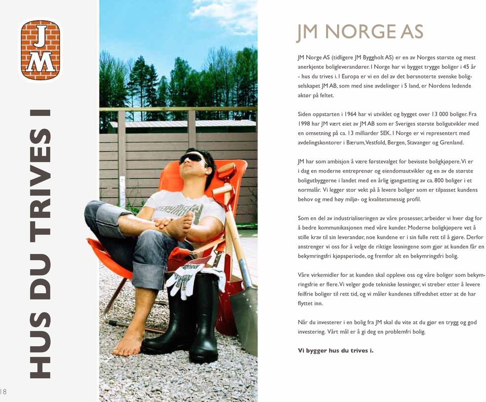 Siden oppstarten i 1964 har vi utviklet og bygget over 13 000 boliger. Fra 1998 har JM vært eiet av JM AB som er Sveriges største boligutvikler med en omsetning på ca. 13 milliarder SEK.