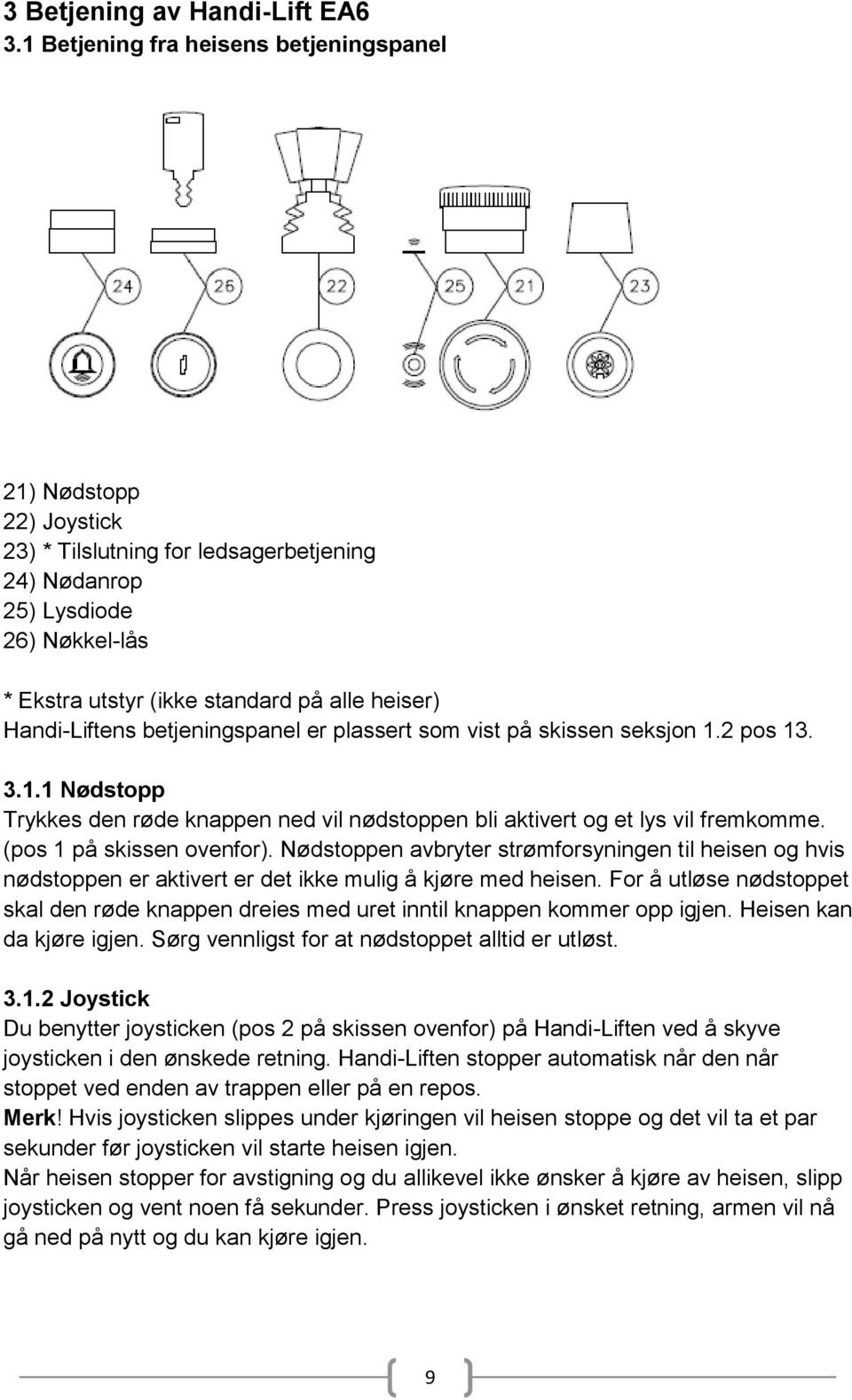 Handi-Liftens betjeningspanel er plassert som vist på skissen seksjon 1.2 pos 13. 3.1.1 Nødstopp Trykkes den røde knappen ned vil nødstoppen bli aktivert og et lys vil fremkomme.