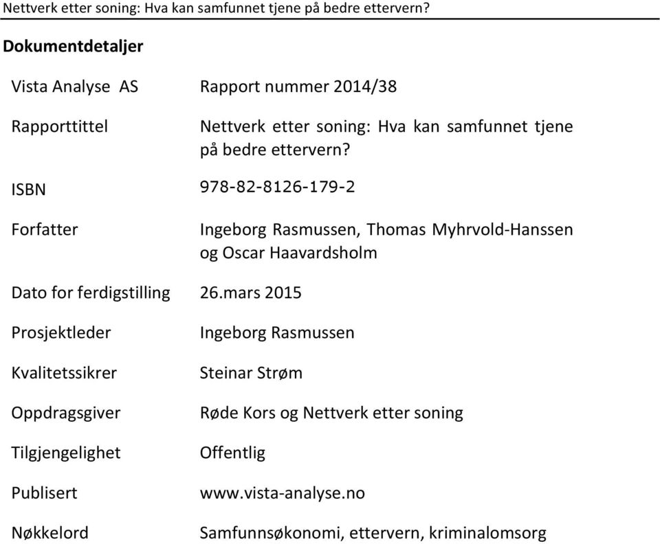 ISBN 978-82-8126-179-2 Forfatter Datoforferdigstilling Prosjektleder Kvalitetssikrer Oppdragsgiver Tilgjengelighet
