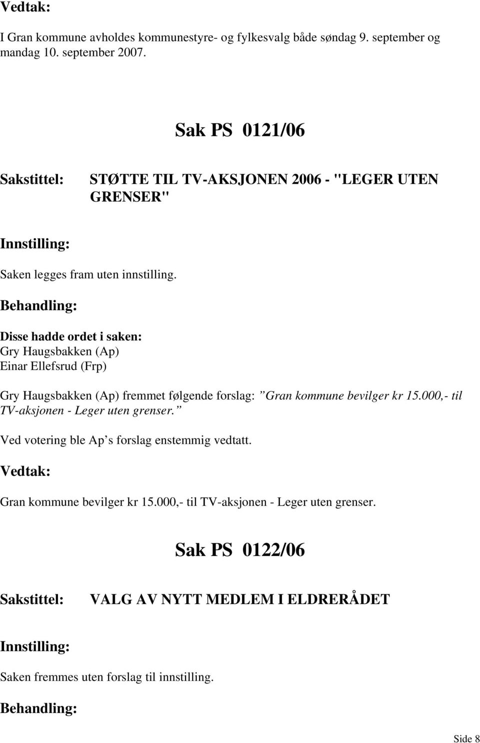 Gry Haugsbakken (Ap) Einar Ellefsrud (Frp) Gry Haugsbakken (Ap) fremmet følgende forslag: Gran kommune bevilger kr 15.