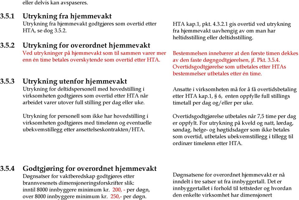 Utrykning for personell som ikke har hovedstilling i virksomheten godtgjøres med timelønn og eventuelle ubekvemstillegg etter ansettelseskontrakten/hta. HTA kap.1, pkt. 4.3.2.