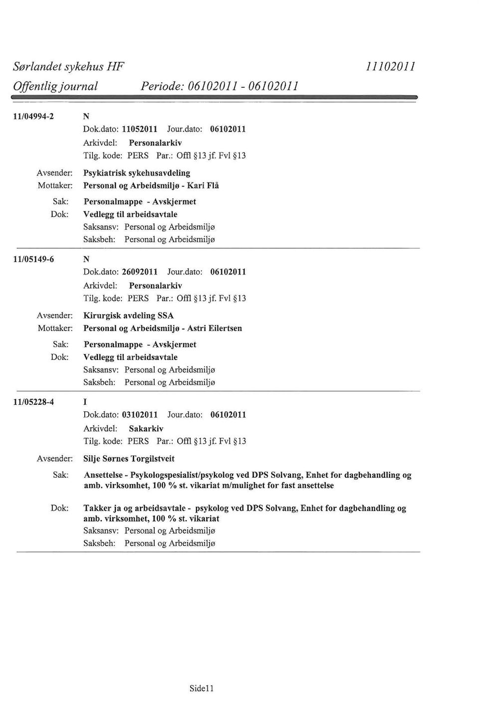 dato: 06102011 Kirurgisk avdeling SSA Personal og Arbeidsmiljø - Astri Eilertsen 11/05228-4 I Dok.dato: 03102011 Jour.