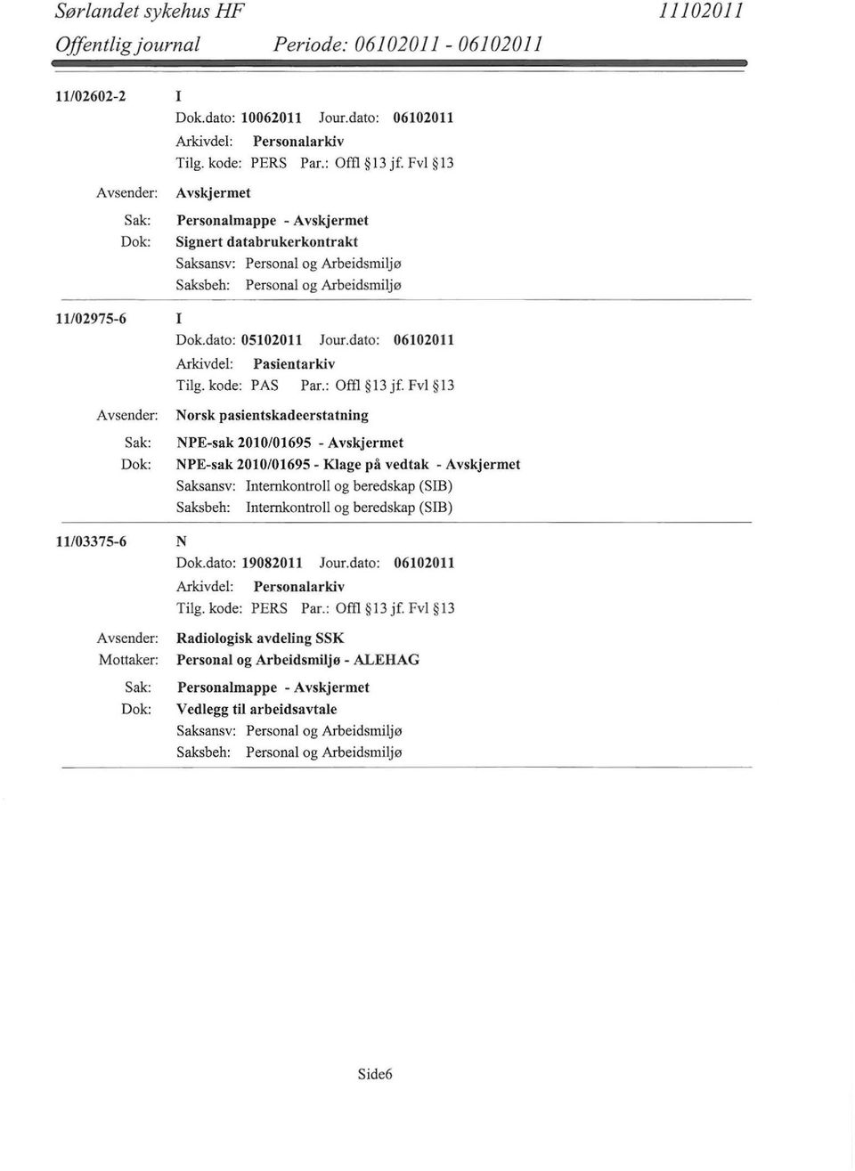 Fvl 13 Norsk pasientskadeerstatning NPE-sak 2010/01695 - NPE-sak 2010/01695- Klage på vedtak - Saksansv: Internkontroll og beredskap (SIB)