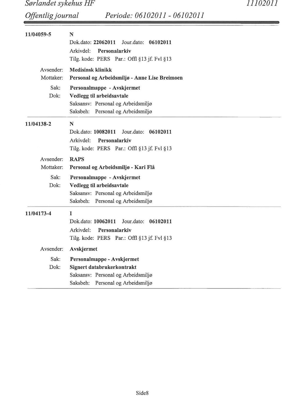 dato: 10082011 Jour.dato: 06102011 RAPS Personal og Arbeidsmiljø - Kari Flå 11104173-4 I Dok.