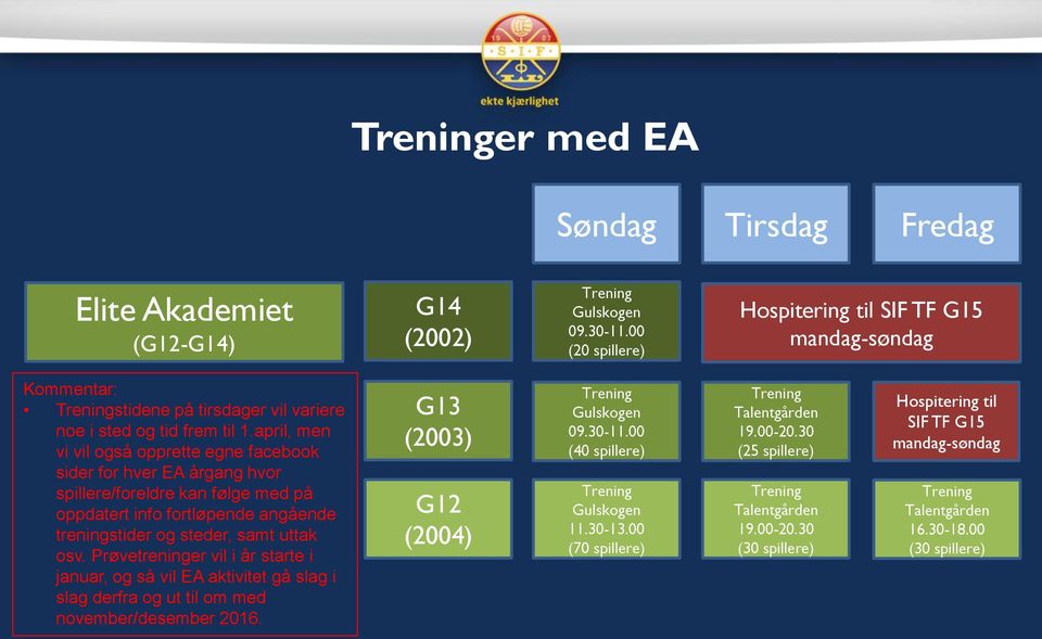 april, men vi vil også opprette egne facebook sider for hver EA årgang hvor spillere/foreldre kan følge med på oppdatert info fortløpende angående treningstider og steder, samt uttak osv.