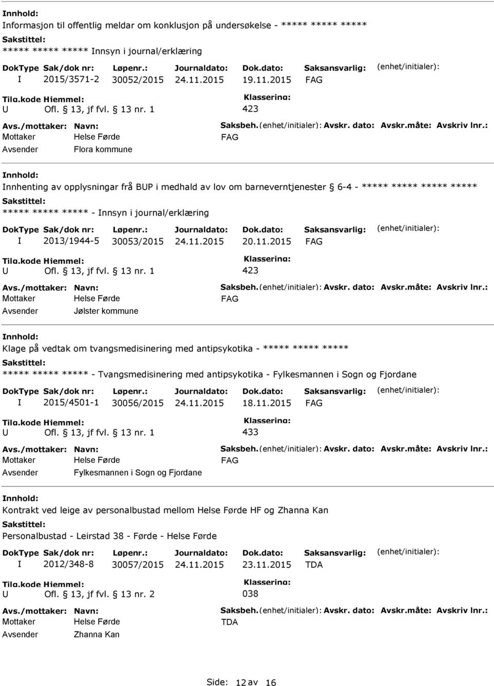 : Flora kommune nnhenting av opplysningar frå B i medhald av lov om barneverntjenester 6-4 - ***** ***** ***** ***** ***** ***** ***** - nnsyn i journal/erklæring 2013/1944-5 30053/2015 Avs.