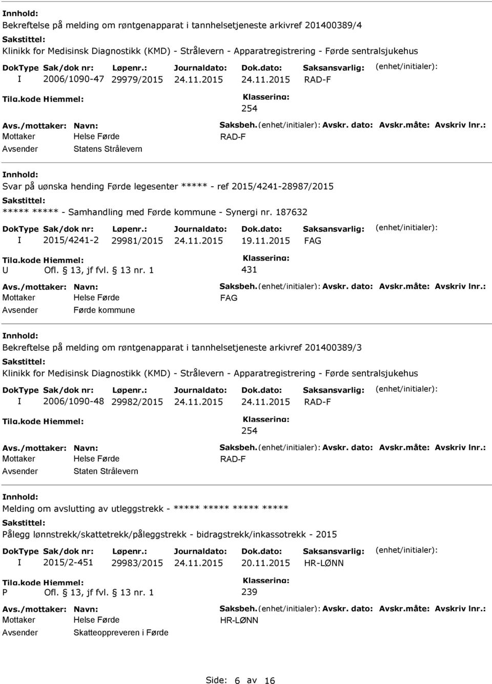 : RAD-F Statens Strålevern Svar på uønska hending Førde legesenter ***** - ref 2015/4241-28987/2015 ***** ***** - Samhandling med Førde kommune - Synergi nr. 187632 2015/4241-2 29981/2015 19.11.