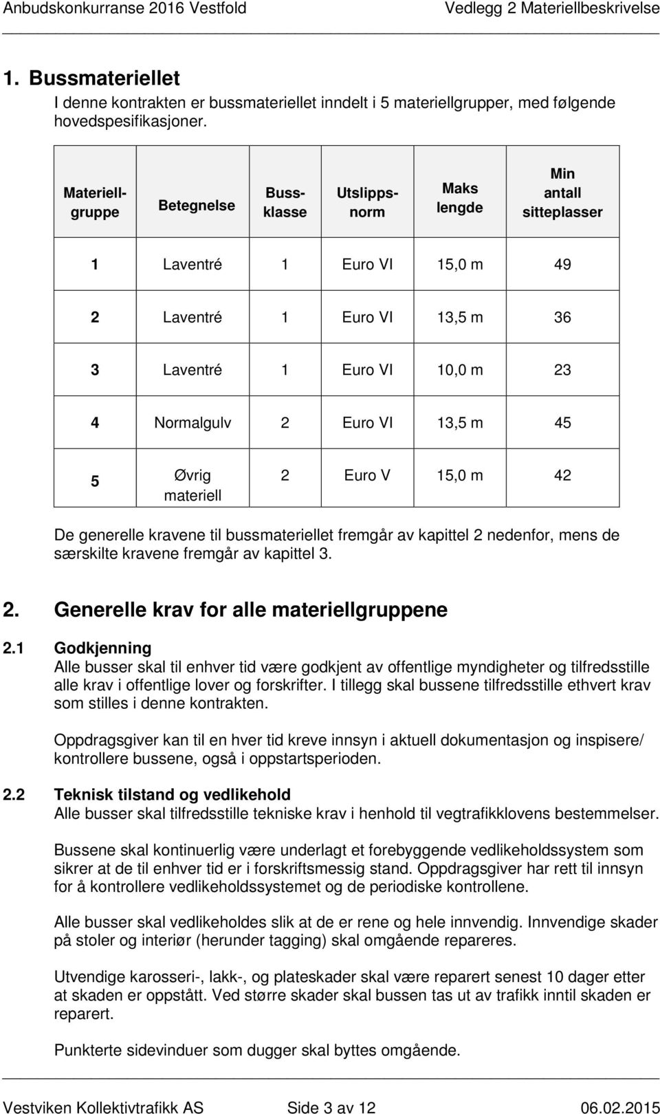 VI 13,5 m 45 5 Øvrig materiell 2 Euro V 15,0 m 42 De generelle kravene til bussmateriellet fremgår av kapittel 2 nedenfor, mens de særskilte kravene fremgår av kapittel 3. 2. Generelle krav for alle materiellgruppene 2.