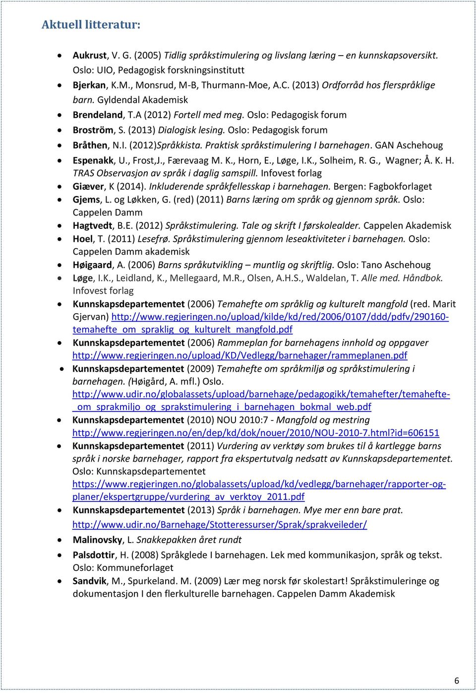 (2012)Språkkista. Praktisk språkstimulering I barnehagen. GAN Aschehoug Espenakk, U., Frost,J., Færevaag M. K., Horn, E., Løge, I.K., Solheim, R. G., Wagner; Å. K. H. TRAS Observasjon av språk i daglig samspill.