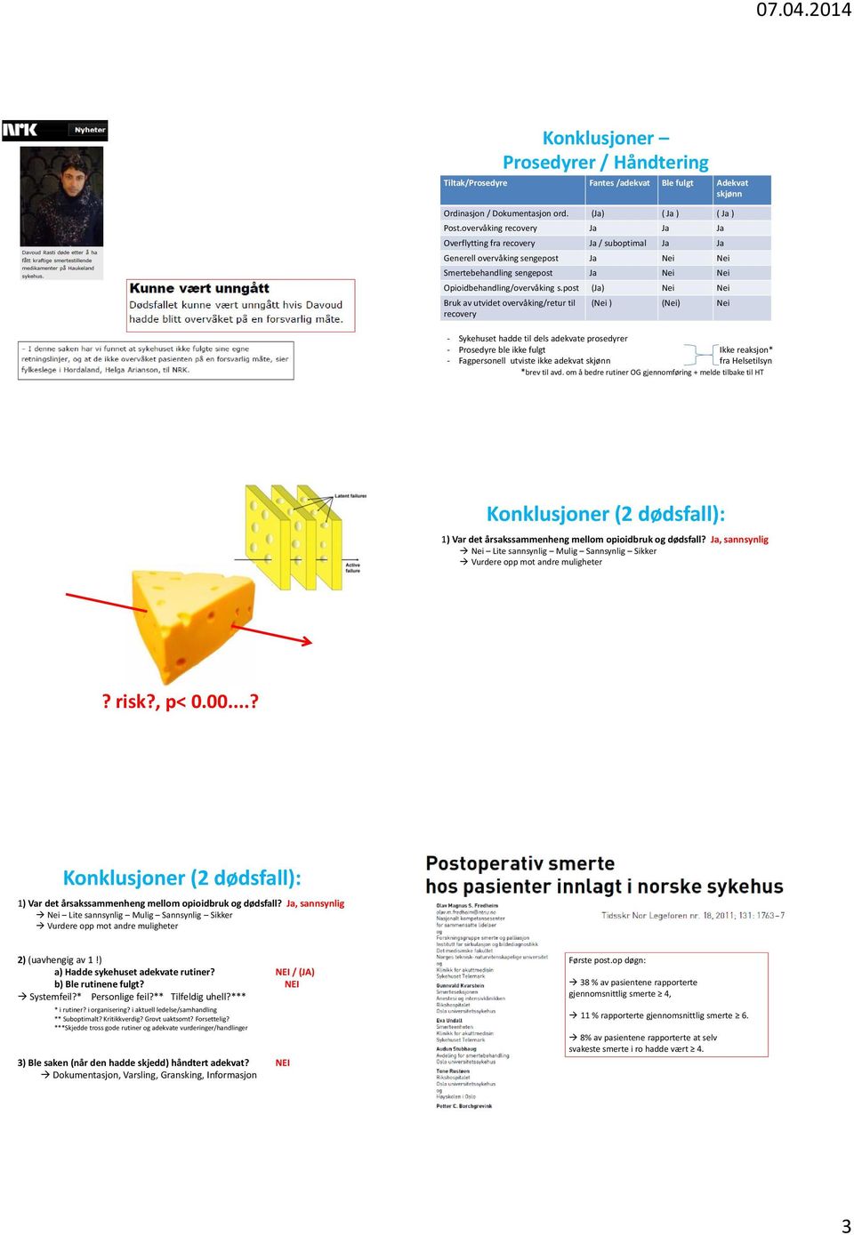 post (Ja) Nei Nei Bruk av utvidet overvåking/retur til recovery (Nei ) (Nei) Nei - Sykehuset hadde til dels adekvate prosedyrer - Prosedyre ble ikke fulgt Ikke reaksjon* - Fagpersonell utviste ikke