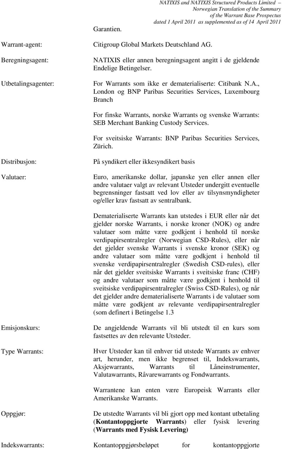 For sveitsiske Warrants: BNP Paribas Securities Services, Zürich.