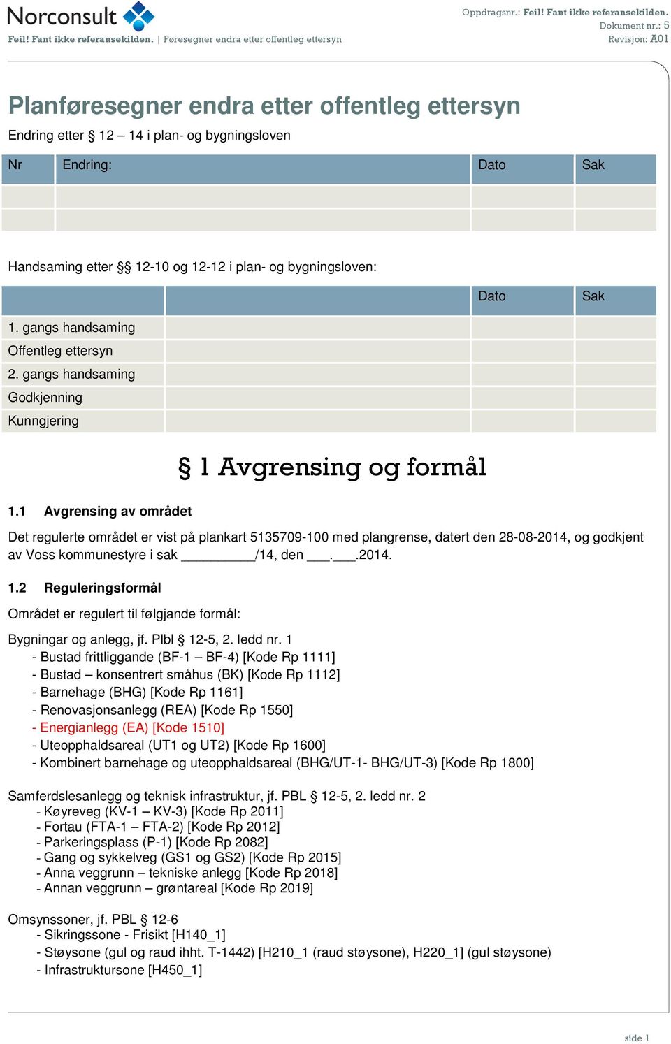 1 Avgrensing av området 1 Avgrensing og formål Det regulerte området er vist på plankart 5135709-100 med plangrense, datert den 28-08-2014, og godkjent av Voss kommunestyre i sak /14, den..2014. 1.2 Reguleringsformål Området er regulert til følgjande formål: Bygningar og anlegg, jf.