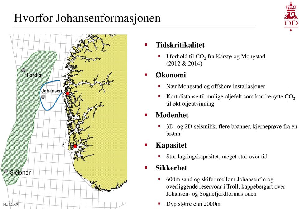 kjerneprøve fra en brønn Kapasitet Stor lagringskapasitet, meget stor over tid Sleipner Sikkerhet 600m sand og skifer mellom Johansenfm og