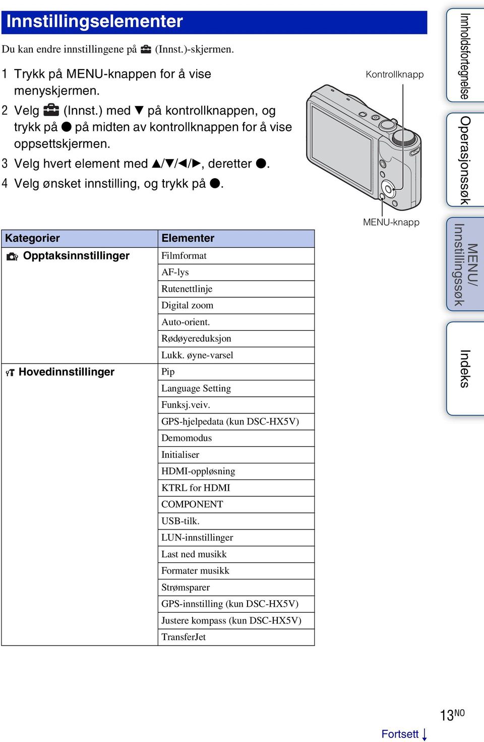 Kontrollknapp Kategorier Opptaksinnstillinger Elementer Filmformat AF-lys Rutenettlinje Digital zoom MENU-knapp Auto-orient. Rødøyereduksjon Hovedinnstillinger Lukk.