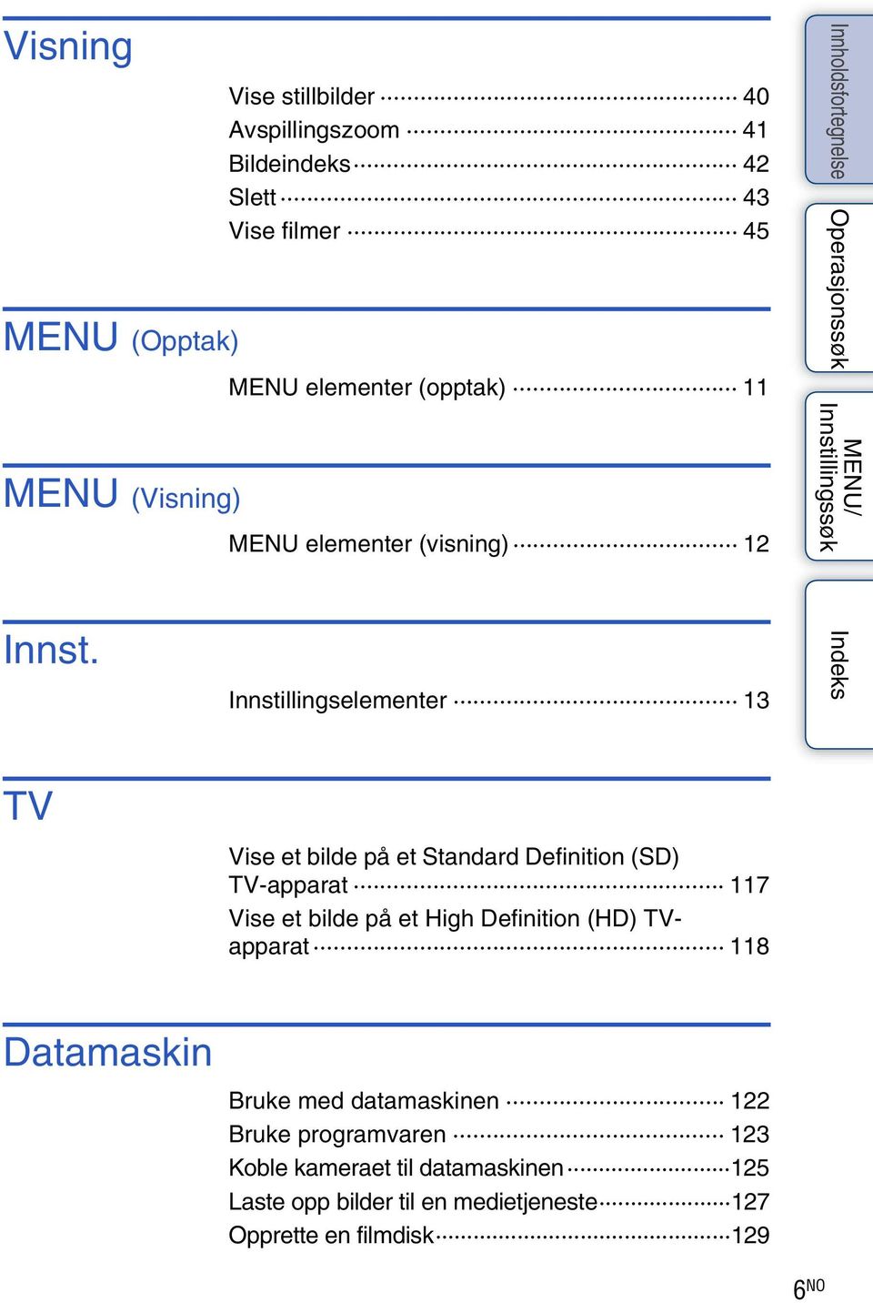 Innstillingselementer 13 TV Vise et bilde på et Standard Definition (SD) TV-apparat 117 Vise et bilde på et High