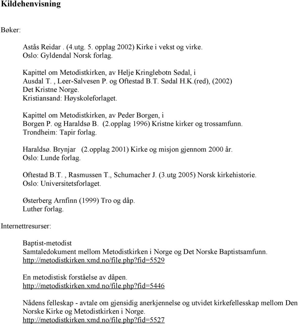 Trondheim: Tapir forlag. Haraldsø. Brynjar (2.opplag 2001) Kirke og misjon gjennom 2000 år. Oslo: Lunde forlag. Oftestad B.T., Rasmussen T., Schumacher J. (3.utg 2005) Norsk kirkehistorie.