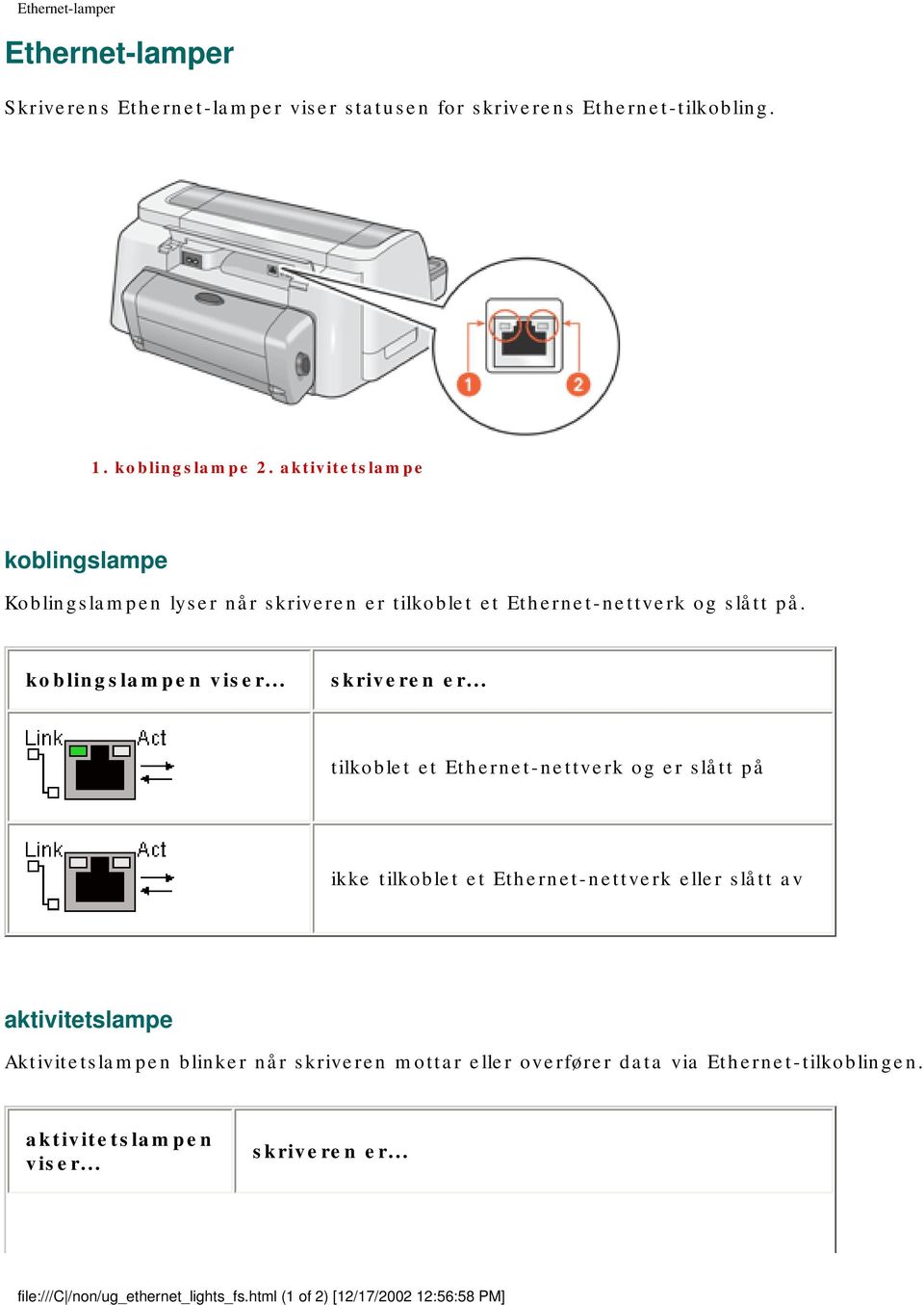 tilkoblet et Ethernet-nettverk og slått på. koblingslampen viser... skriveren er.