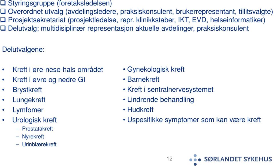 klinikkstaber, IKT, EVD, helseinformatiker) Delutvalg; multidisiplinær representasjon aktuelle avdelinger, praksiskonsulent Delutvalgene: Kreft