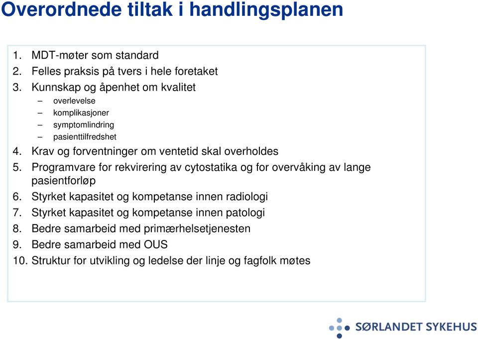 Krav og forventninger om ventetid skal overholdes 5. Programvare for rekvirering av cytostatika og for overvåking av lange pasientforløp 6.