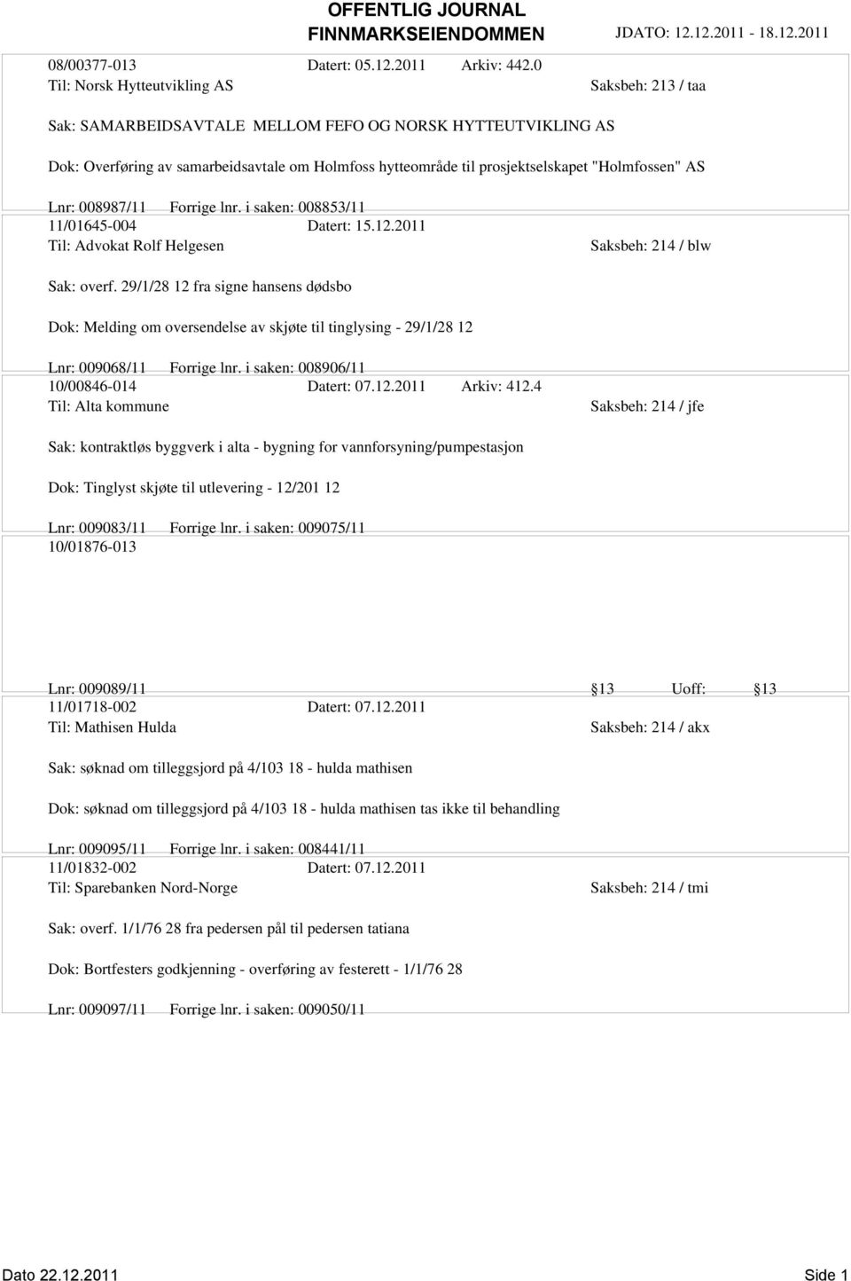 "Holmfossen" AS Lnr: 008987/11 Forrige lnr. i saken: 008853/11 11/01645-004 Datert: 15.12.2011 Til: Advokat Rolf Helgesen Saksbeh: 214 / blw Sak: overf.