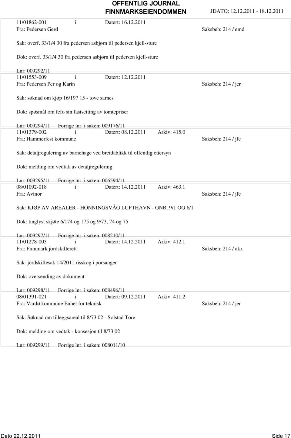 12.2011 Fra: Pedersen Per og Karin Sak: søknad om kjøp 16/197 15 - tove sarnes Dok: spøsmål om fefo sin fastsetting av tomtepriser Lnr: 009294/11 Forrige lnr.