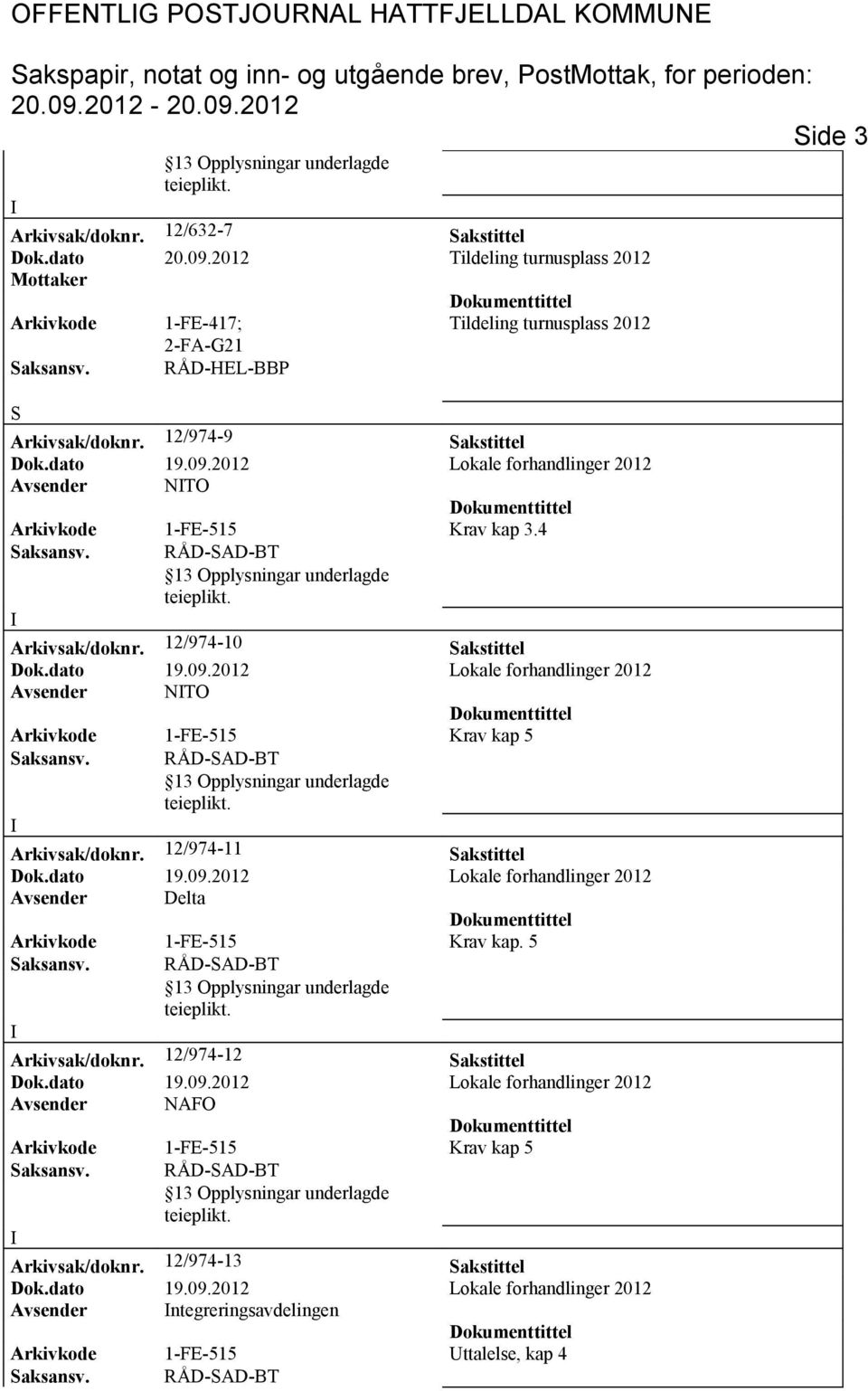 12/974-9 akstittel Avsender NTO Arkivkode 1-FE-515 Krav kap 3.4 Arkivsak/doknr. 12/974-10 akstittel Avsender NTO Arkivsak/doknr.