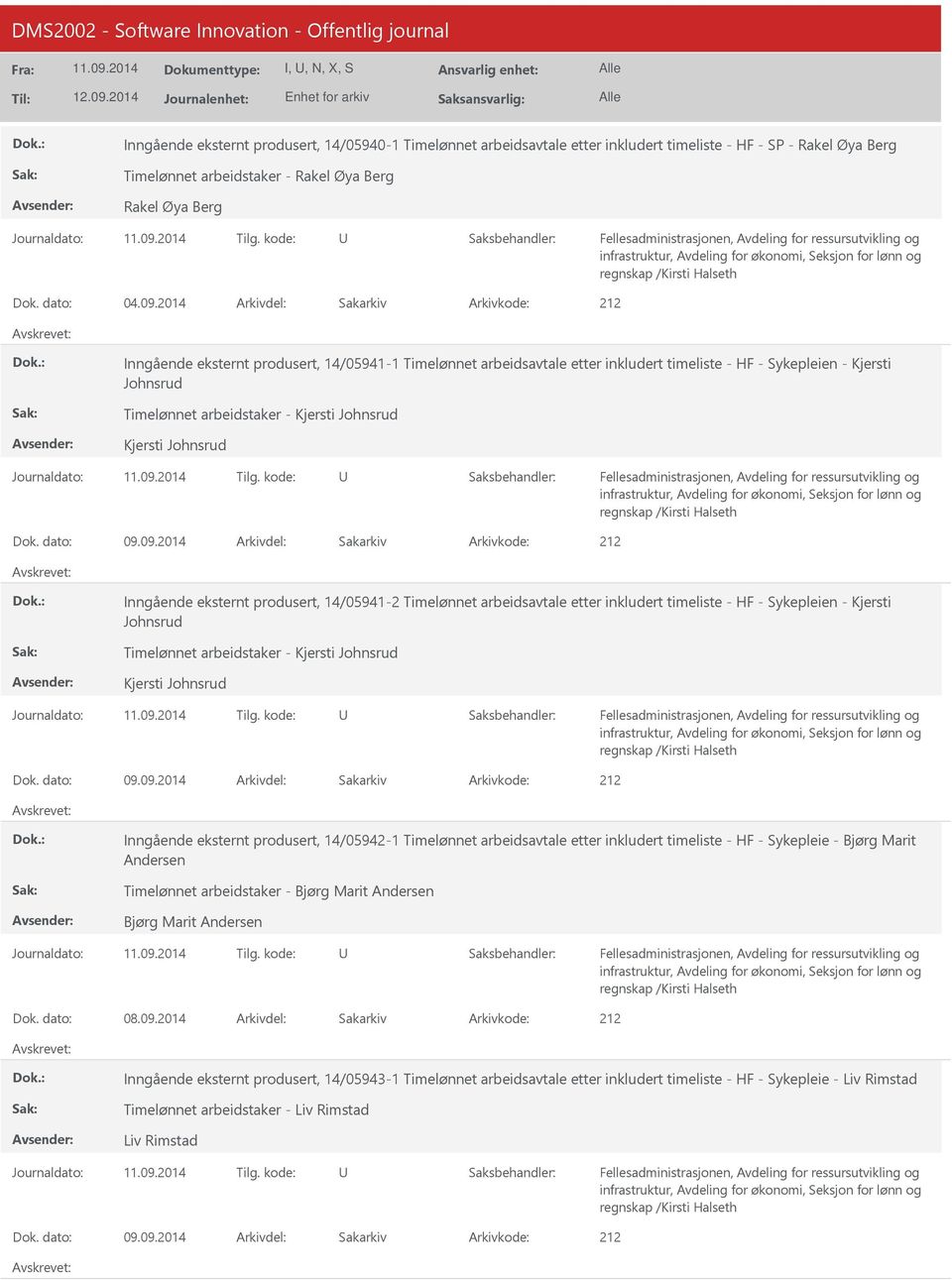 2014 Arkivdel: Sakarkiv Inngående eksternt produsert, 14/05941-1 Timelønnet arbeidsavtale etter inkludert timeliste - HF - Sykepleien - Kjersti Johnsrud Timelønnet arbeidstaker - Kjersti Johnsrud