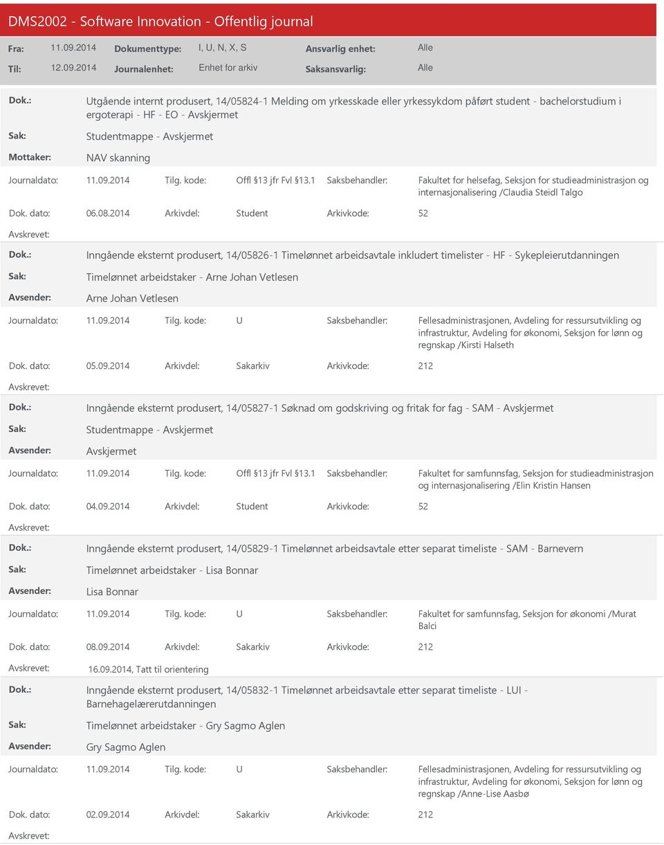 2014 Arkivdel: Student Inngående eksternt produsert, 14/05826-1 Timelønnet arbeidsavtale inkludert timelister - HF - Sykepleierutdanningen Timelønnet arbeidstaker - Arne Johan Vetlesen Arne Johan