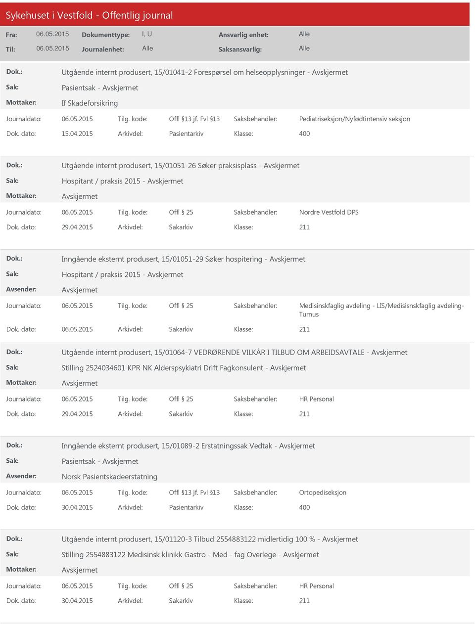 dato: Arkivdel: Sakarkiv Utgående internt produsert, 15/01064-7 VEDRØRENDE VILKÅR I TILBUD OM ARBEIDSAVTALE - Stilling 2524034601 KPR NK Alderspsykiatri Drift Fagkonsulent - Dok. dato: 29.04.