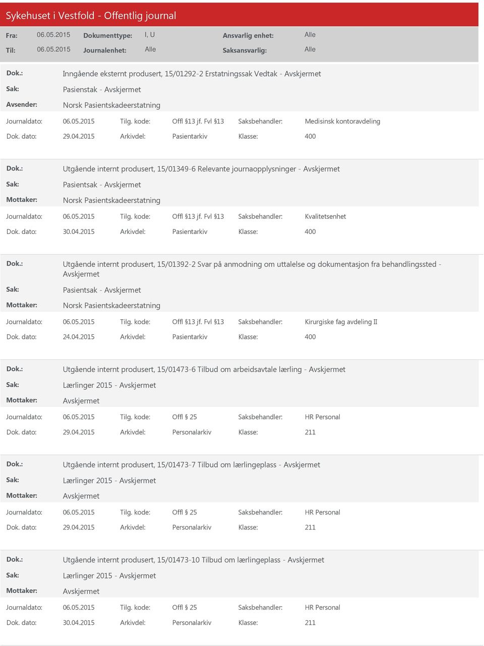 2015 Arkivdel: Pasientarkiv Utgående internt produsert, 15/01392-2 Svar på anmodning om uttalelse og dokumentasjon fra behandlingssted - Pasientsak - Norsk Pasientskadeerstatning Kirurgiske fag