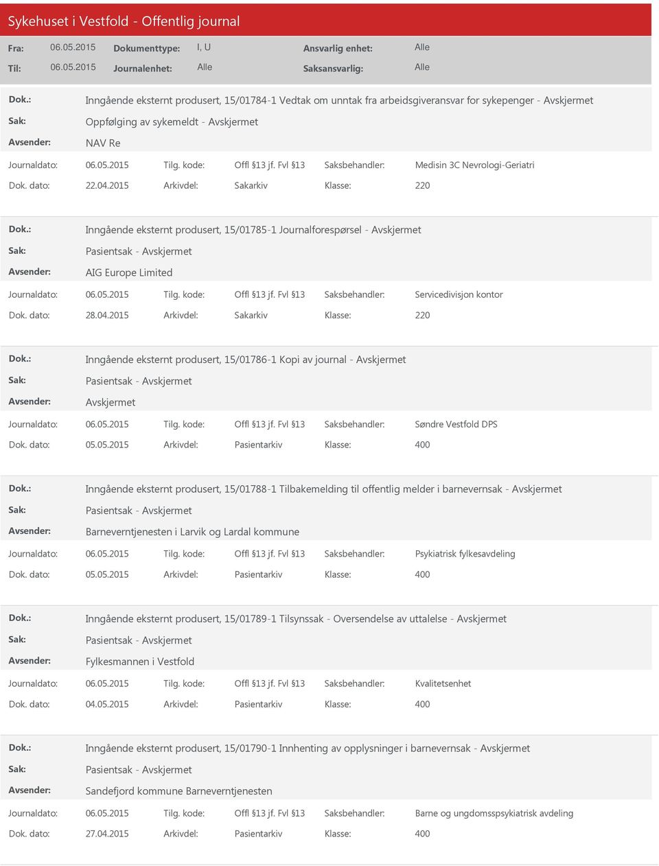 2015 Arkivdel: Sakarkiv 220 Inngående eksternt produsert, 15/01786-1 Kopi av journal - Pasientsak - Søndre Vestfold DPS Dok. dato: 05.