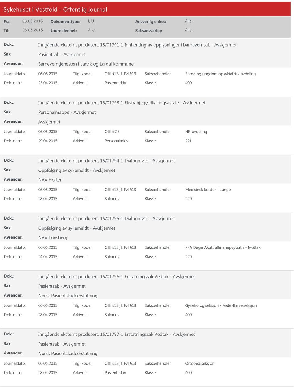2015 Arkivdel: Personalarkiv Inngående eksternt produsert, 15/01794-1 Dialogmøte - Oppfølging av sykemeldt - NAV Horten Medisinsk kontor - Lunge Dok. dato: 28.04.