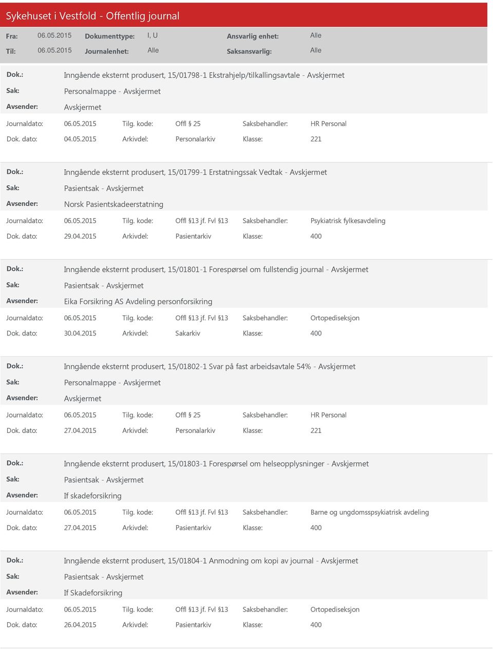 2015 Arkivdel: Pasientarkiv Inngående eksternt produsert, 15/01801-1 Forespørsel om fullstendig journal - Pasientsak - Eika Forsikring AS Avdeling personforsikring Ortopediseksjon Dok. dato: 30.04.