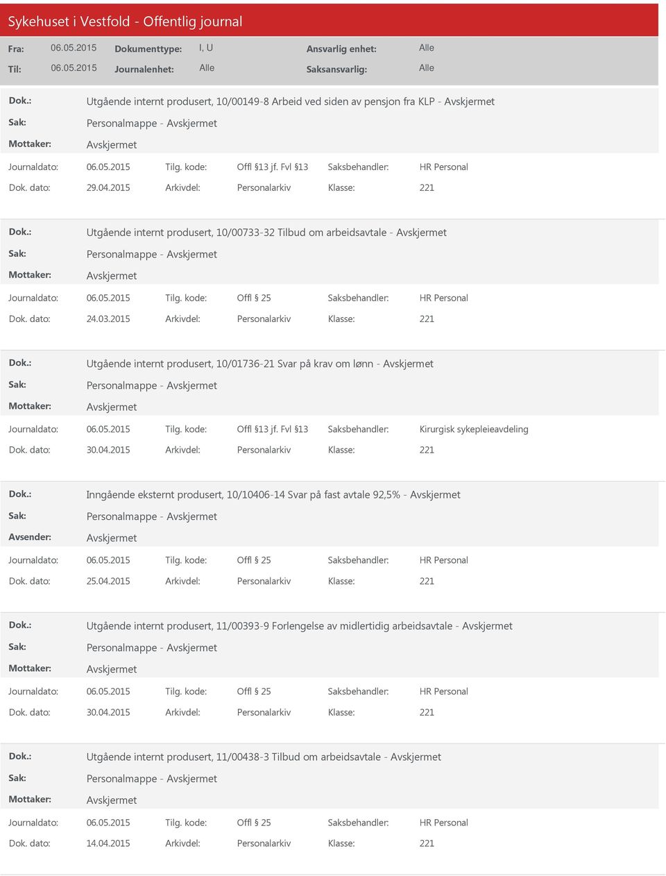 2015 Arkivdel: Personalarkiv Utgående internt produsert, 10/01736-21 Svar på krav om lønn - Personalmappe - Kirurgisk sykepleieavdeling Dok. dato: 30.04.