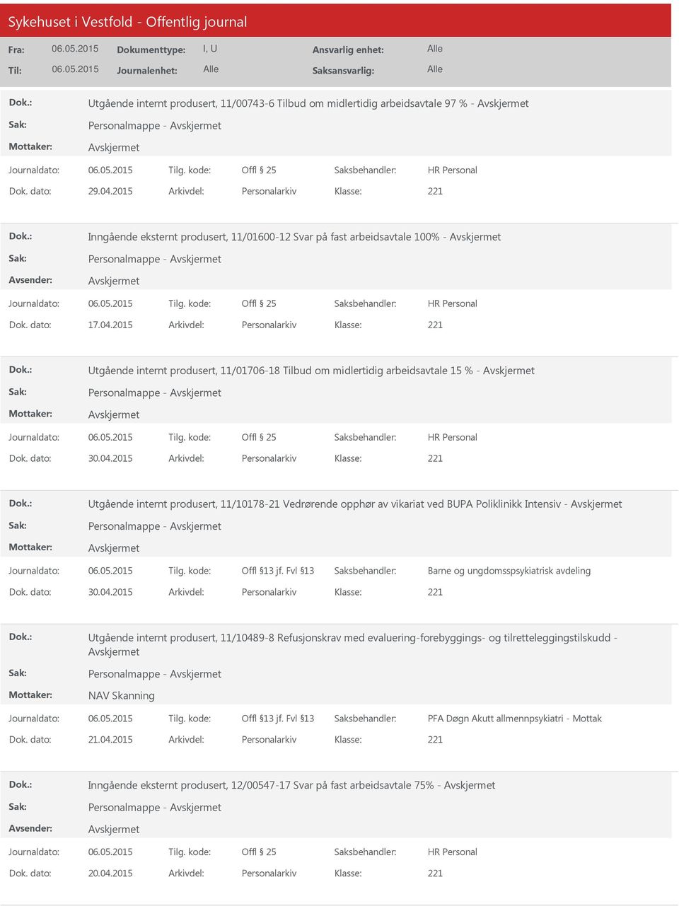 2015 Arkivdel: Personalarkiv Utgående internt produsert, 11/01706-18 Tilbud om midlertidig arbeidsavtale 15 % - Personalmappe - Dok. dato: 30.04.