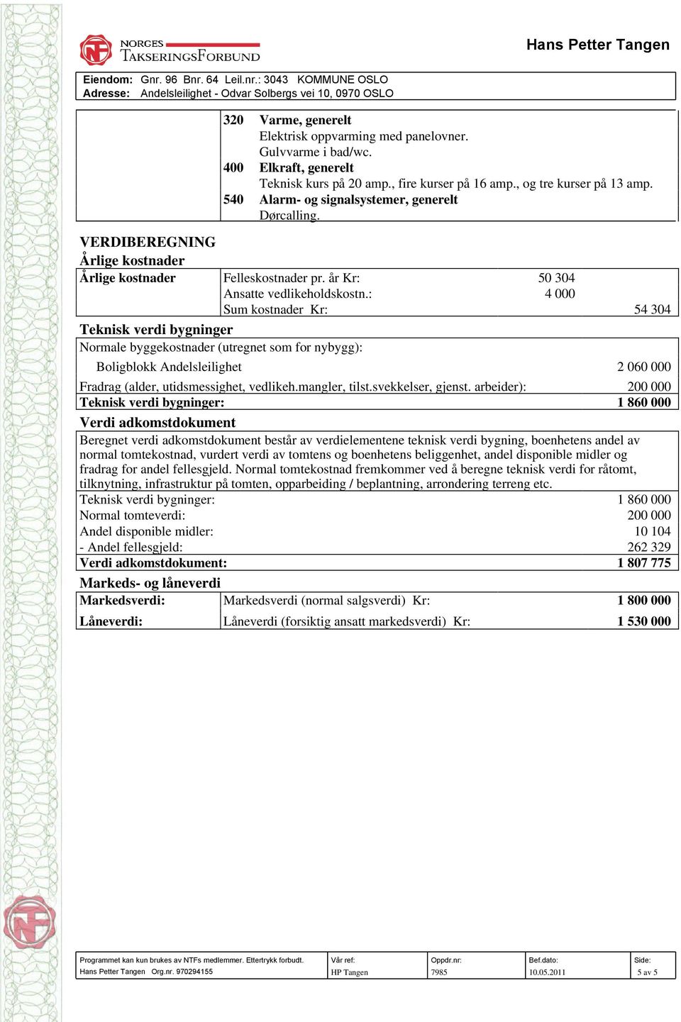 : 4 000 Sum kostnader Kr: 54 304 Teknisk verdi bygninger Normale byggekostnader (utregnet som for nybygg): Boligblokk Andelsleilighet 2 060 000 Fradrag (alder, utidsmessighet, vedlikeh.mangler, tilst.