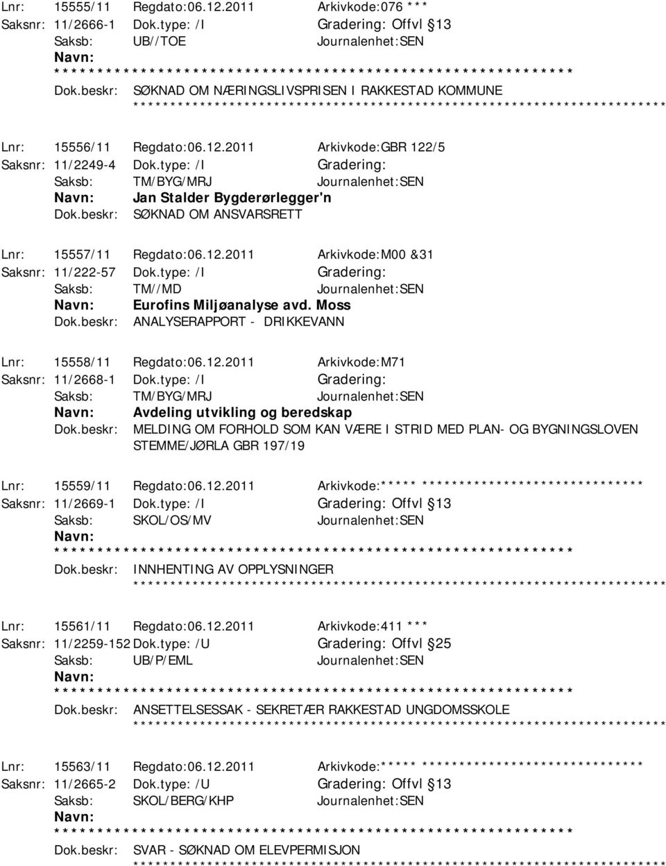 type: /I Saksb: TM/BYG/MRJ Journalenhet:SEN Jan Stalder Bygderørlegger'n Dok.beskr: SØKNAD OM ANSVARSRETT Lnr: 15557/11 Regdato:06.12.2011 Arkivkode:M00 &31 Saksnr: 11/222-57 Dok.