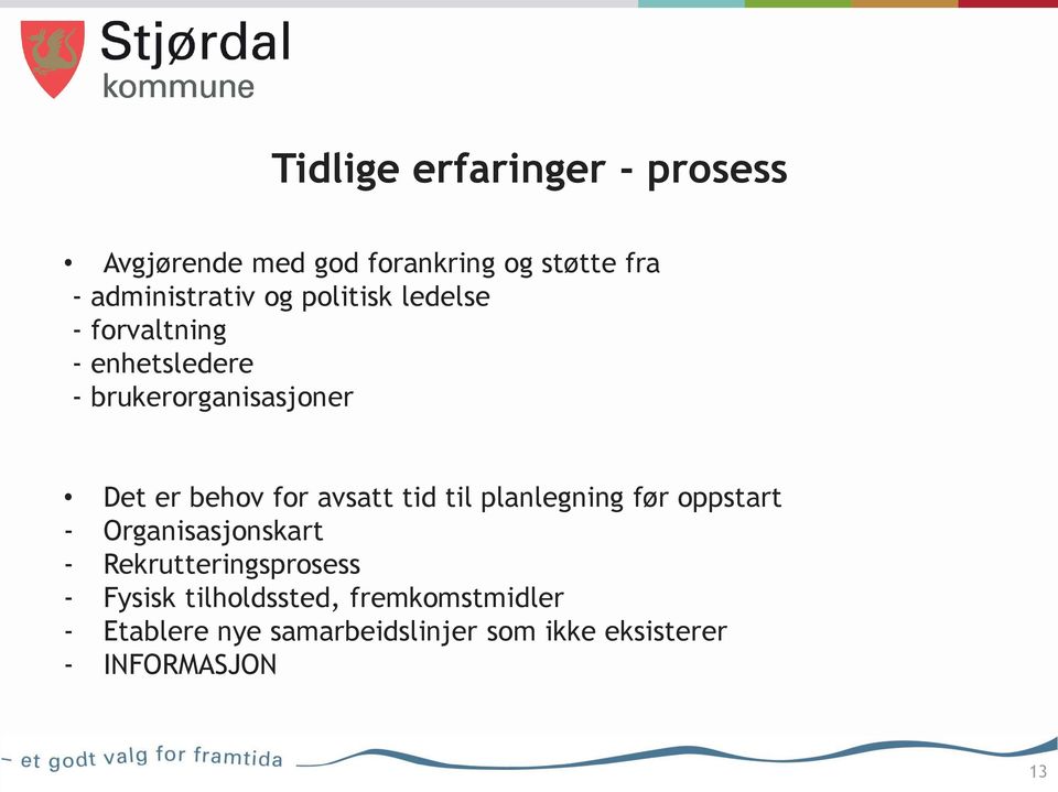 avsatt tid til planlegning før oppstart - Organisasjonskart - Rekrutteringsprosess - Fysisk