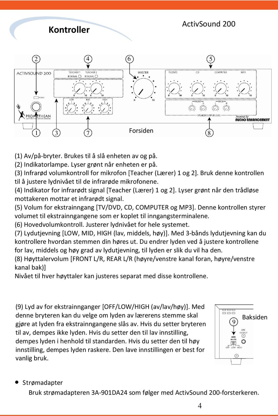 Lyser grønt når den trådløse mottakeren mottar et infrarødt signal. (5) Volum for ekstrainngang [TV/DVD, CD, COMPUTER og MP].