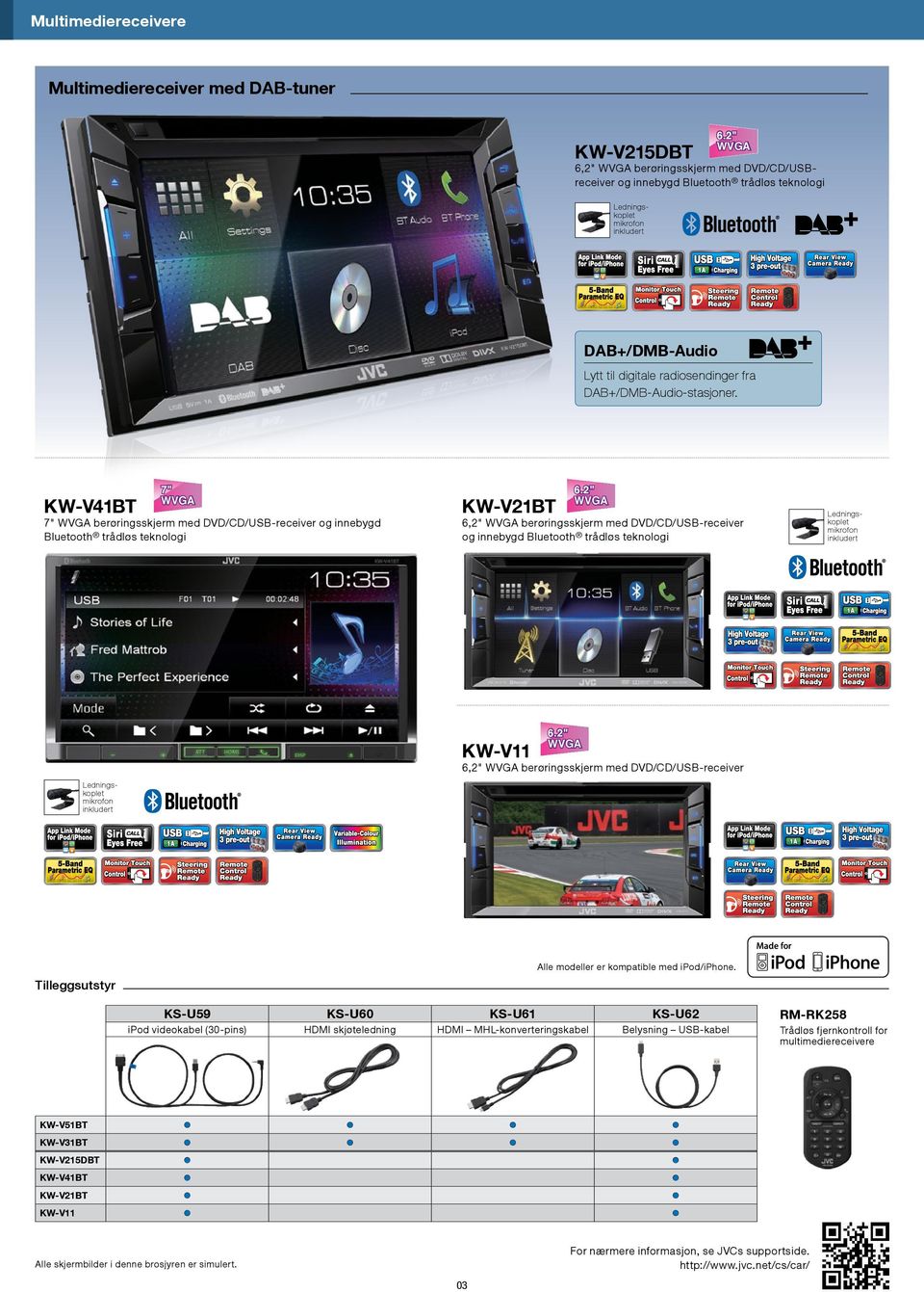1" KW-V21BT 6.2" 6,2" berøringsskjerm med DVD/CD/USB-receiver og innebygd Bluetooth trådløs teknologi 6.2" 7" 6.1" KW-V11 6.