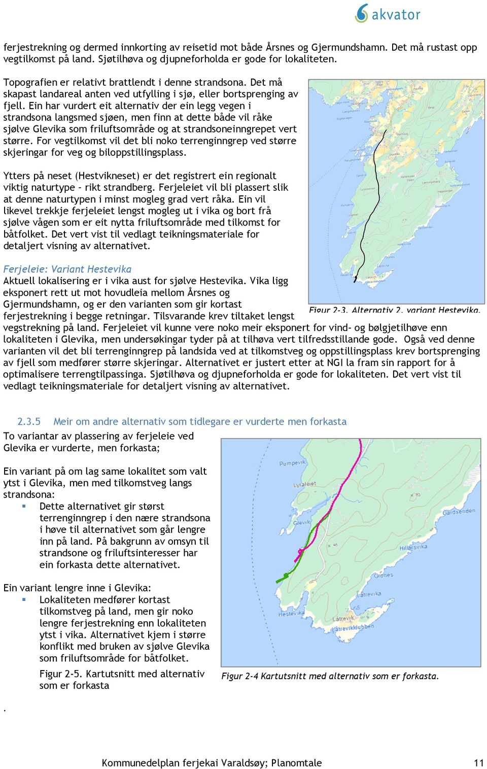 Ein har vurdert eit alternativ der ein legg vegen i strandsona langsmed sjøen, men finn at dette både vil råke sjølve Glevika som friluftsområde og at strandsoneinngrepet vert større.