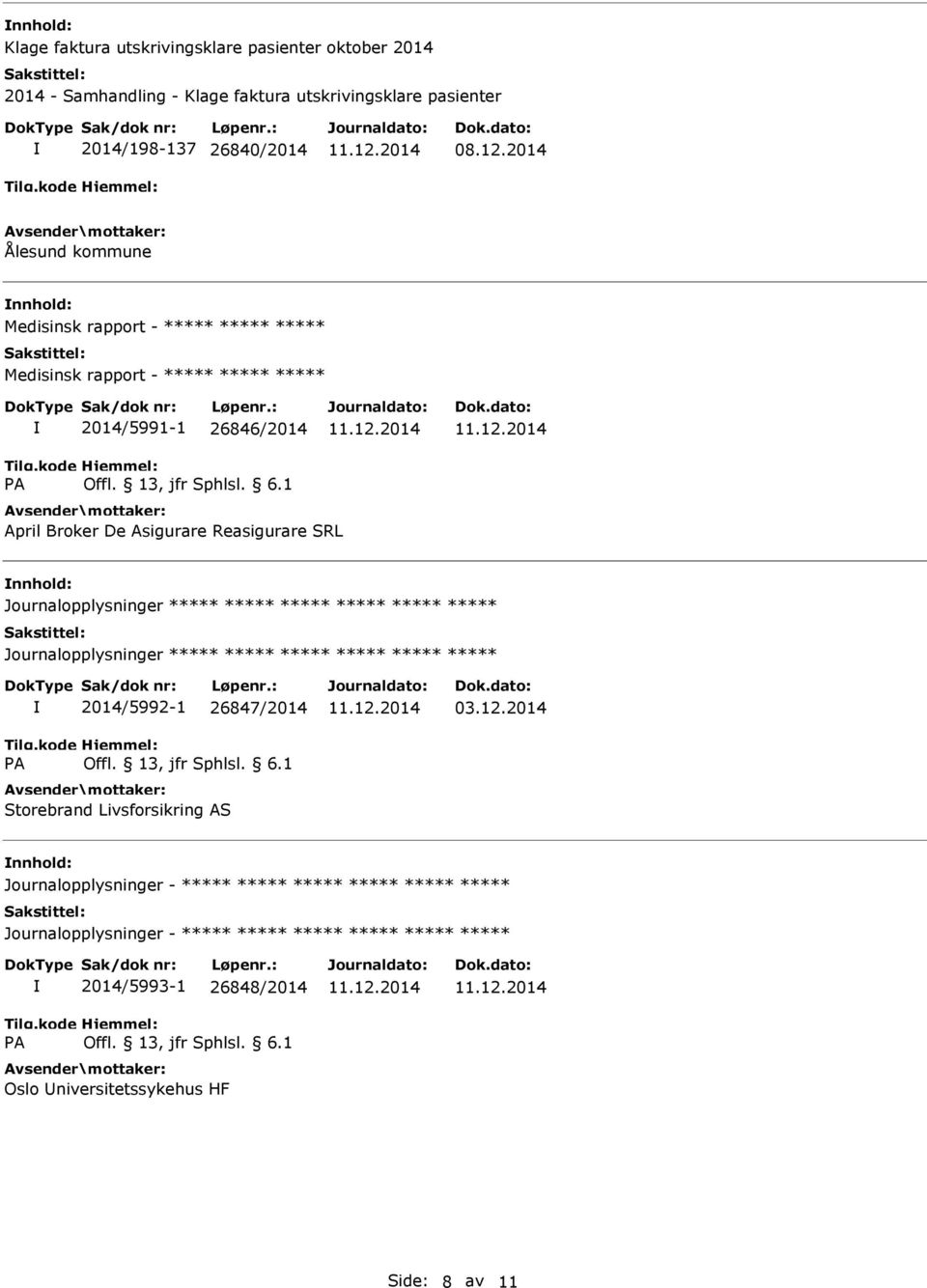 De Asigurare Reasigurare SRL nnhold: Journalopplysninger Journalopplysninger 2014/5992-1 26847/2014 Storebrand Livsforsikring