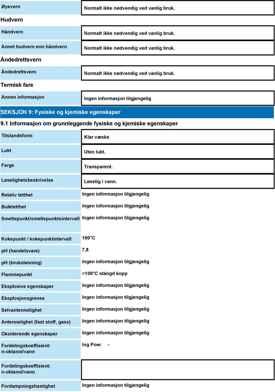 1 Informasjon om grunnleggende fysiske og kjemiske egenskaper Tilstandsform Lukt Farge Løselighetsbeskrivelse Relativ tetthet Bulktetthet Klar væske Uten lukt. Transparent. Løselig i vann.