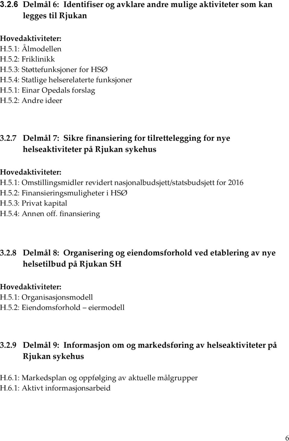 5.2: Finansieringsmuligheter i HSØ H.5.3: Privat kapital H.5.4: Annen off. finansiering 3.2.8 Delmål 8: Organisering og eiendomsforhold ved etablering av nye helsetilbud på Rjukan SH H.5.1: Organisasjonsmodell H.