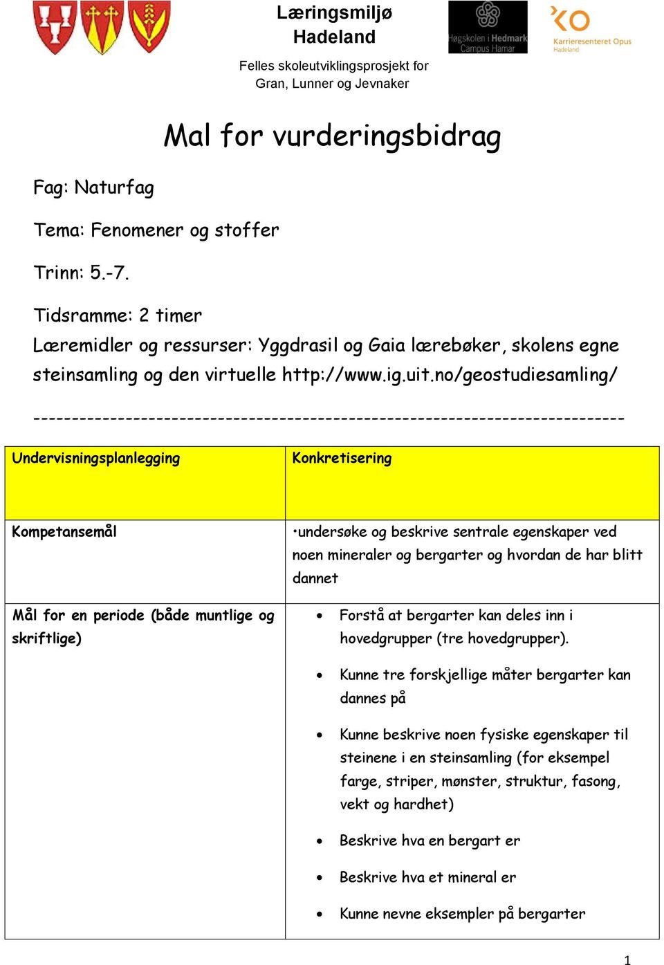 no/geostudiesamling/ ----------------------------------------------------------------------------- Undervisningsplanlegging Konkretisering Kompetansemål Mål for en periode (både muntlige og