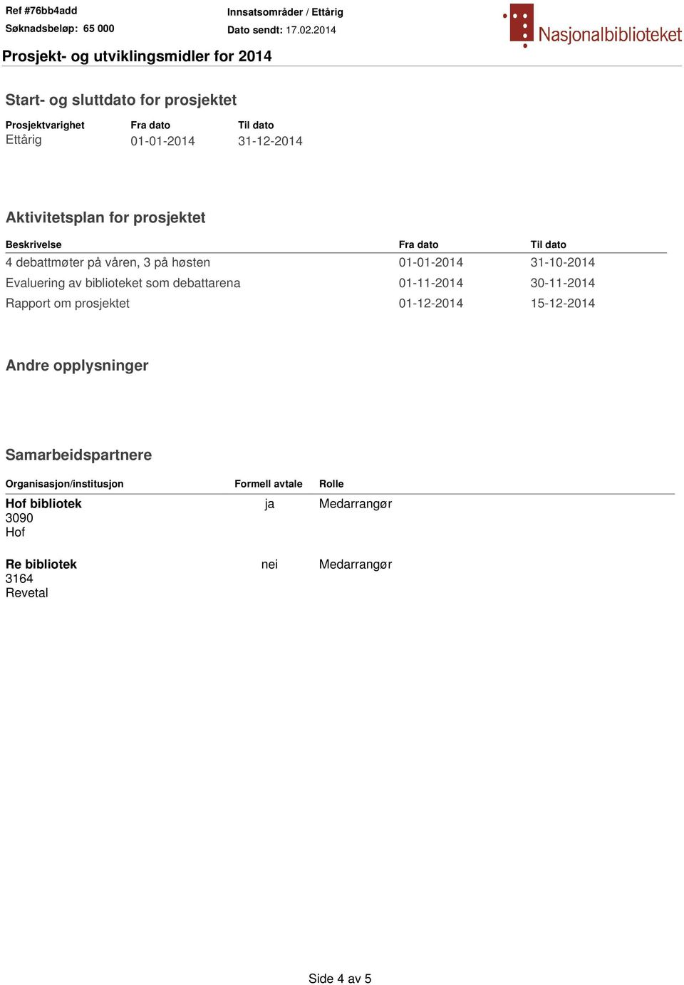 som debattarena 01-11-2014 30-11-2014 Rapport om prosjektet 01-12-2014 15-12-2014 Andre opplysninger Samarbeidspartnere