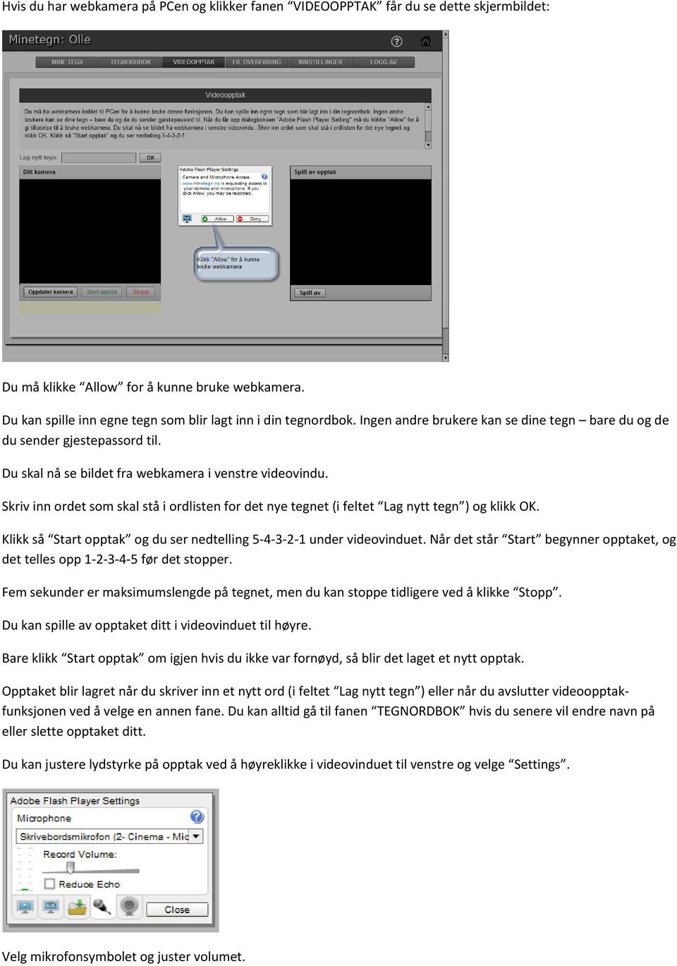 Skriv inn ordet som skal stå i ordlisten for det nye tegnet (i feltet Lag nytt tegn ) og klikk OK. Klikk så Start opptak og du ser nedtelling 5-4-3-2-1 under videovinduet.