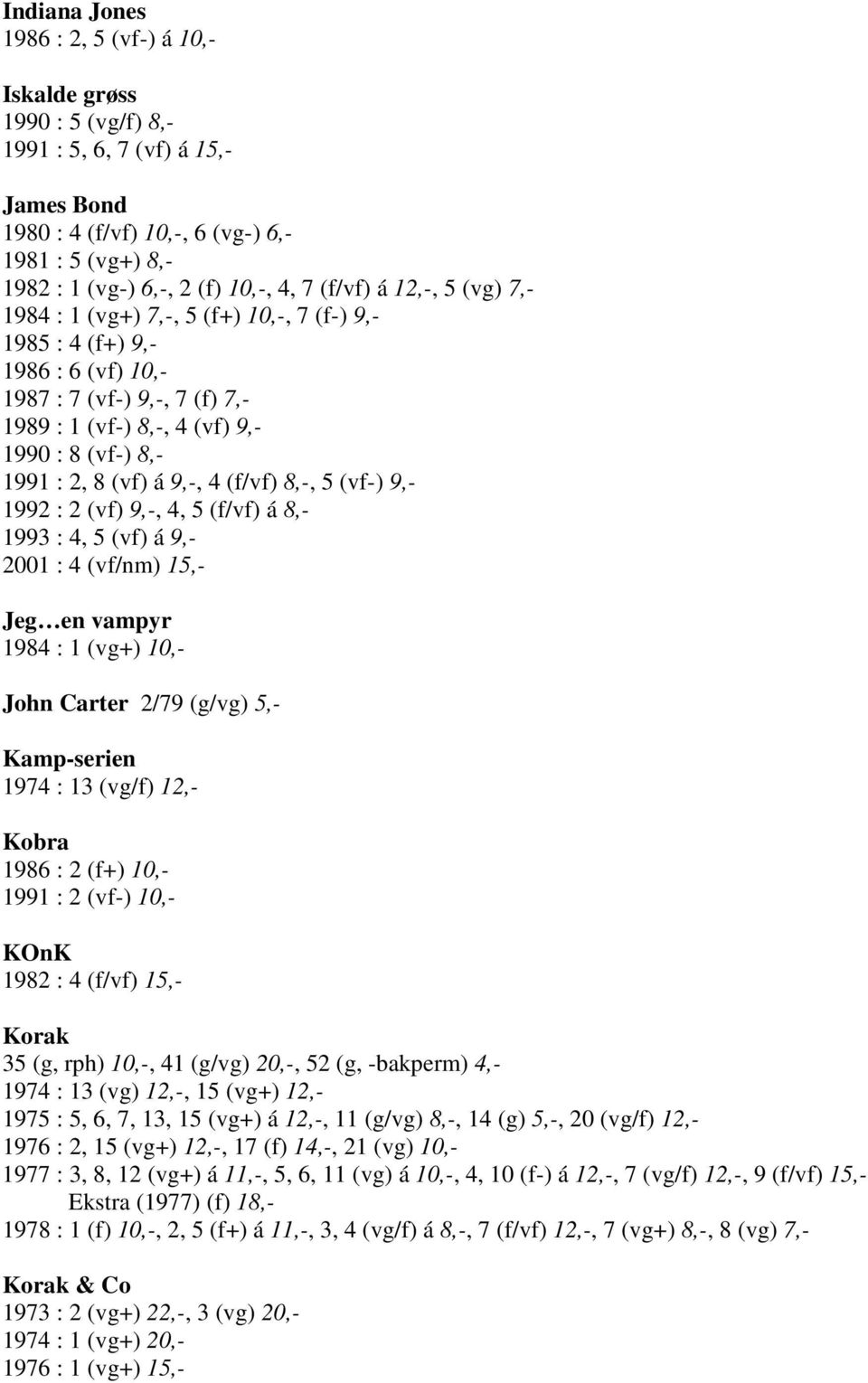 8 (vf) á 9,-, 4 (f/vf) 8,-, 5 (vf-) 9,- 1992 : 2 (vf) 9,-, 4, 5 (f/vf) á 8,- 1993 : 4, 5 (vf) á 9,- 2001 : 4 (vf/nm) 15,- Jeg en vampyr 1984 : 1 (vg+) 10,- John Carter 2/79 (g/vg) 5,- Kamp-serien
