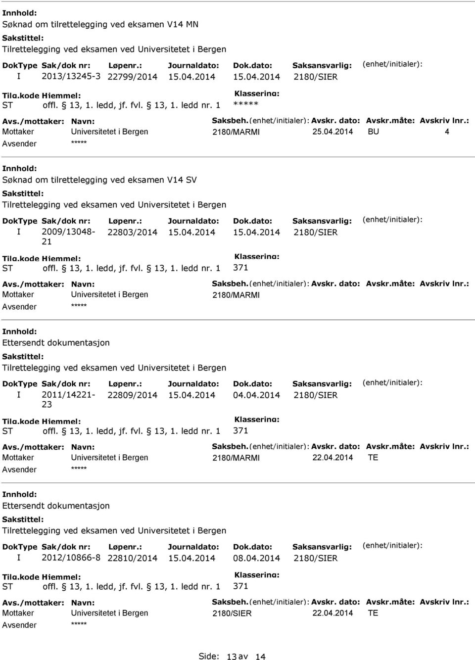 2014 B 4 nnhold: Søknad om tilrettelegging ved eksamen V14 SV Sak/dok nr: 2009/13048-21 Løpenr.